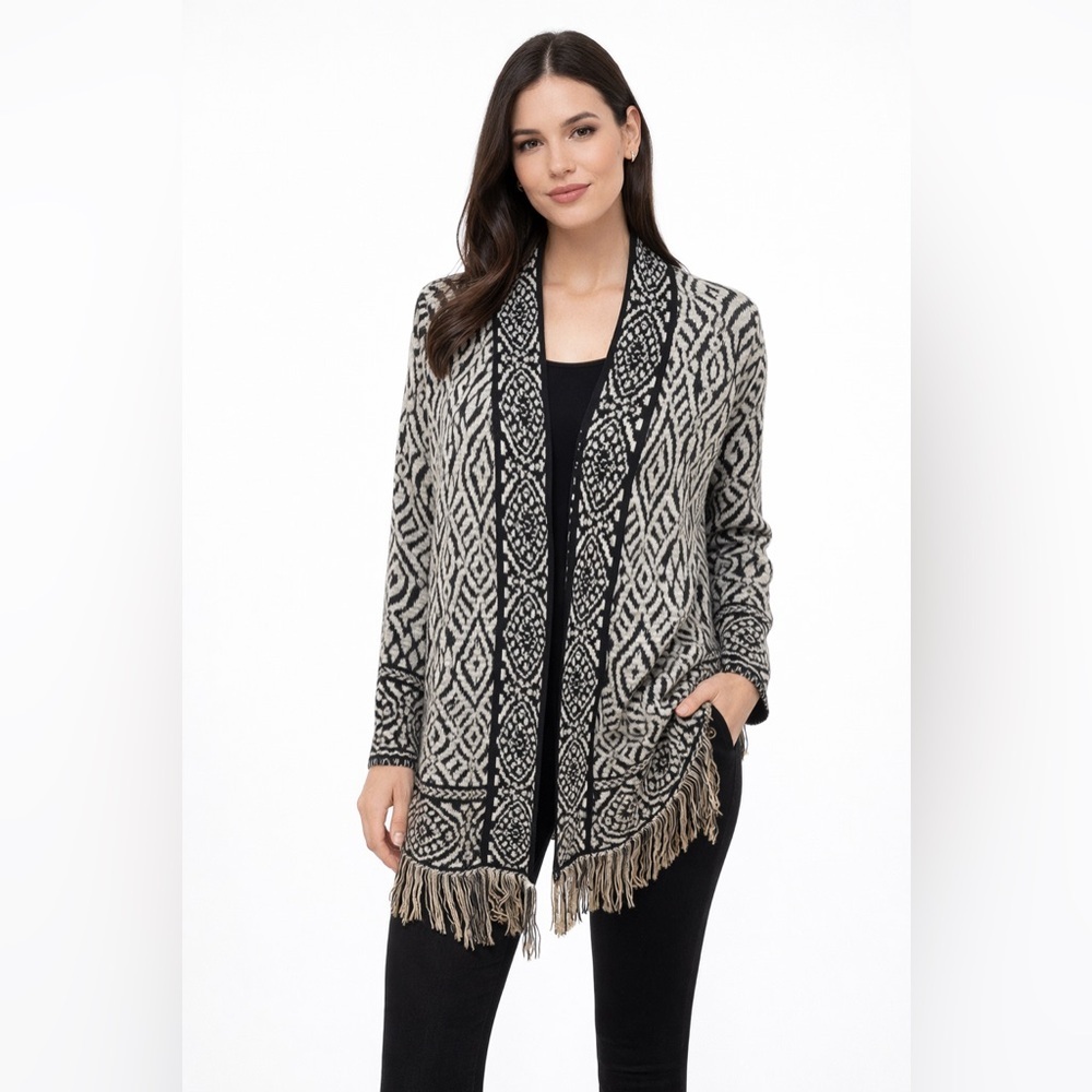 RUBY RD black/gray fringed open front cardigan  Plus 1X